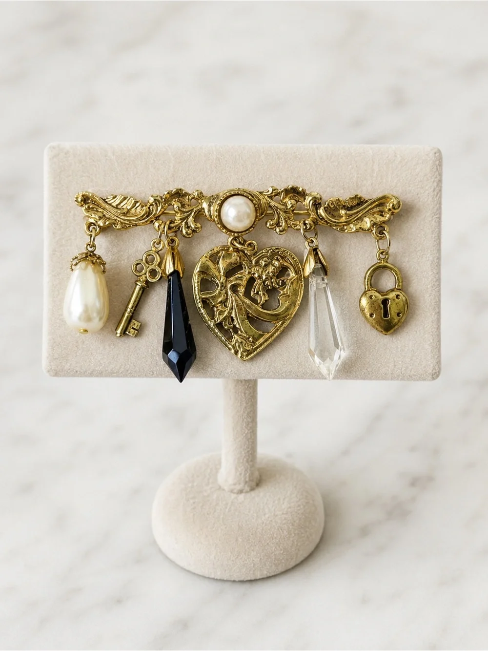 Vintage Victorian Style -Gold Tone Charm Brooch| Faux Pearl Key Heart Lock Dangl